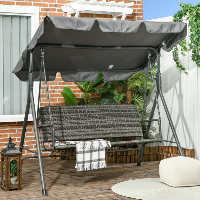 Rackhams 3-Seater Rattan Swing Chair, Hanging Bench w/ Stand, Adjustable Canopy - image 1