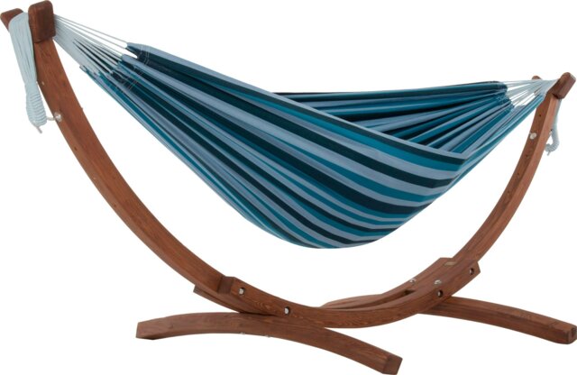 Rackhams Double Cotton Hammock with Solid Pine Arc Stand - Blue Lagoon - image 1