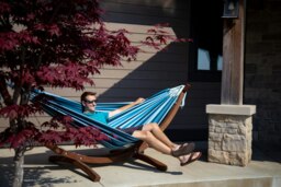 Rackhams Double Cotton Hammock with Solid Pine Arc Stand - Blue Lagoon - thumbnail 2