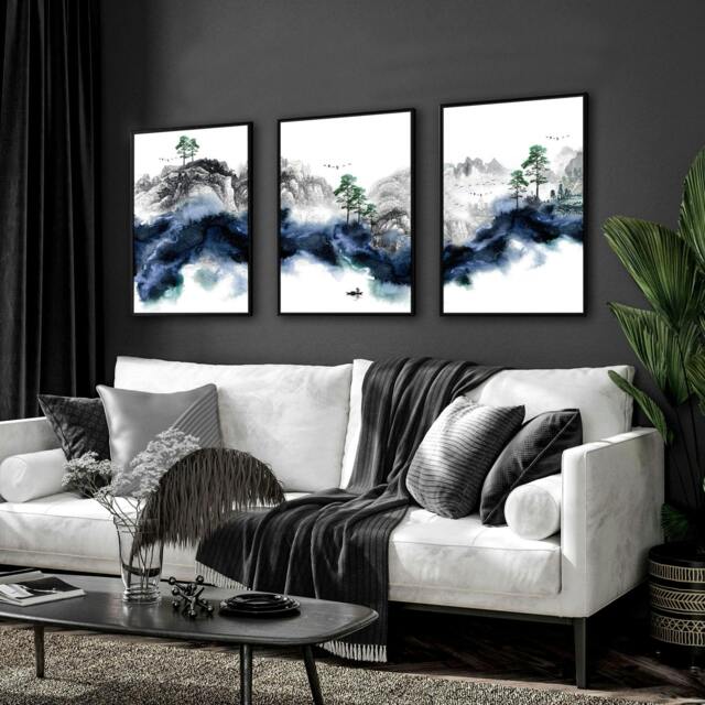 Rackhams Wall picture for living room - set of 3 Japanese art prints - A4 8.27 x 11.69 in / 21 x 29.7 cm - Satin Photo paper 280 gsm - Oak Frame - image 1