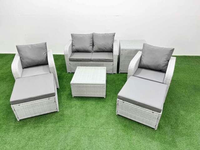 Rackhams Light Grey PE Wicker Rattan Garden Furniture Set Sofa Set Reclining Adjustable Chair Square Coffee Table 6 Seater 2 Big Stools Side Table - image 1