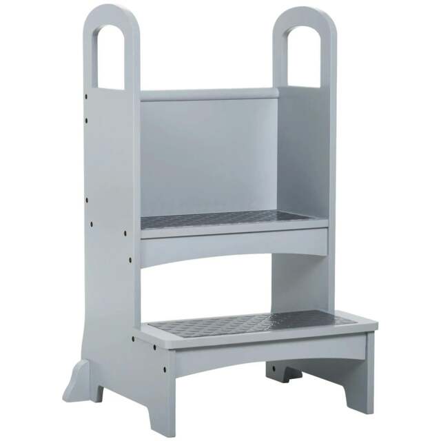 Rackhams Kids Wooden Step Stool Kitchen Helper w/ Non-Slip Panels Handles Child Toddler Home Help 3 - 8 Yrs Grey - image 1