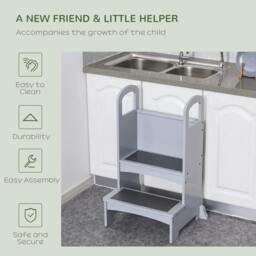 Rackhams Kids Wooden Step Stool Kitchen Helper w/ Non-Slip Panels Handles Child Toddler Home Help 3 - 8 Yrs Grey - thumbnail 4