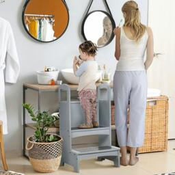 Rackhams Kids Wooden Step Stool Kitchen Helper w/ Non-Slip Panels Handles Child Toddler Home Help 3 - 8 Yrs Grey - thumbnail 2