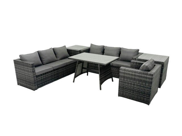 Rackhams Rattan Dining Table Sofa Set with 2 Side Tables Outdoor 7 Seat Garden Furniture Set Dark Grey Mixed - image 1