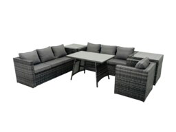 Rackhams Rattan Dining Table Sofa Set with 2 Side Tables Outdoor 7 Seat Garden Furniture Set Dark Grey Mixed - thumbnail 1
