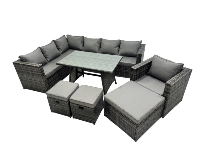Rackhams 10 seater Outdoor PE Rattan Sofa Set with Dining Table Patio Garden Furniture Sets with Chair 3 Stools Dark Grey Mixed - image 1