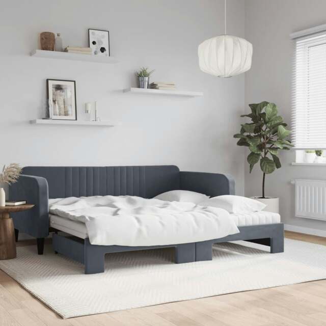Rackhams Daybed with Trundle and Mattresses Dark Grey 90x190 cm Velvet