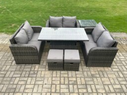 Rackhams Rattan Garden Outdoor Furniture 3 PC Love Sofa Set Patio Adjustable Rising lifting Dining Table With Side Table 2 Small Footstools - thumbnail 2