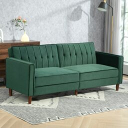 Rackhams Convertible Sofa Futon Velvet-Touch Tufted Couch Sofa Bed - Green - Polyester - 2 Seater