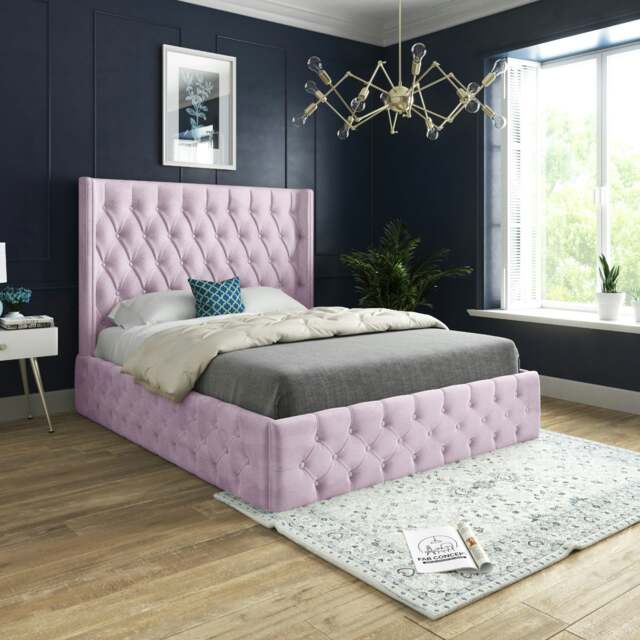 Rackhams Volta Straight Winged Upholstered Soft Velvet Bed Frame - Black - Pink - Small double - image 1