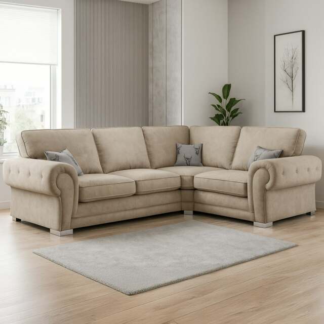 Rackhams Milan Chesterfield Fabric 4 Seater Corner Sofa - Full Back - Mink - Right Hand Facing - image 1