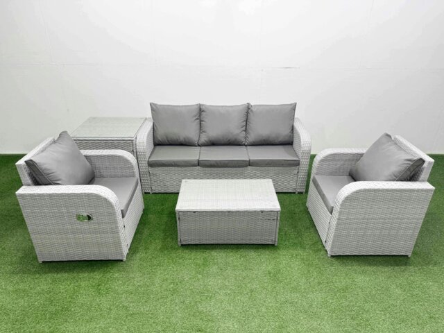 Rackhams PE Rattan Garden Furniture Set Reclining Chair Sofa Lounge Sofa Set Oblong Coffee Table Side Table Light Grey - image 1