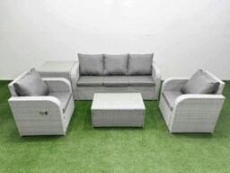 Rackhams PE Rattan Garden Furniture Set Reclining Chair Sofa Lounge Sofa Set Oblong Coffee Table Side Table Light Grey - thumbnail 1
