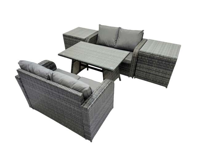 Rackhams 4 Seater Garden Outdoor Rattan Furniture Set Rattan Sofa Oblong Dining Table with 2 Side Table Dark Grey - image 1
