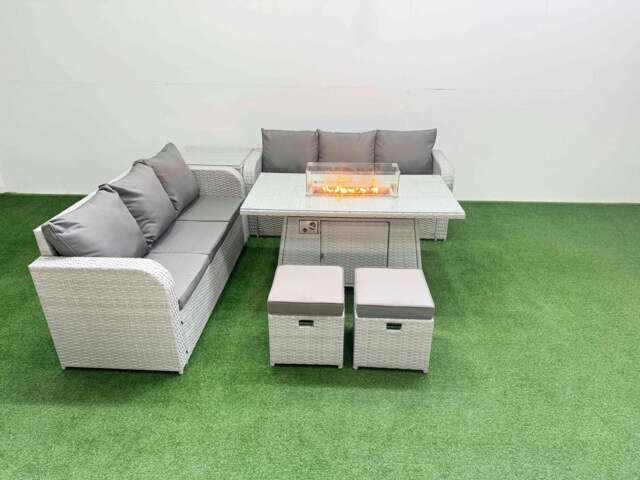 Rackhams Outdoor Garden Furniture Sets 8 Seater Rattan Furniture Sofa Sets with Fire Pit Dining Table high Back Lounge Sofa Stools Side Table Light Grey - image 1