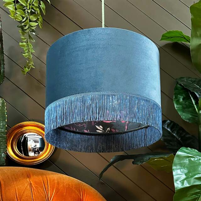 "Rackhams Nightshade Midnight Garden Silhouette Lampshade in Flint Velvet & Fringing - Ceiling Pendant / Arc Lamp - 25cm diameter x 25cm Height (10"" x 10"")" - image 1