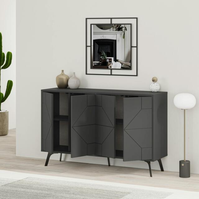 Rackhams Dune Geometric 4 Door Sideboard with Metal Legs (W) 123cm - Anthracite Grey - image 1