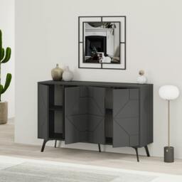 Rackhams Dune Geometric 4 Door Sideboard with Metal Legs (W) 123cm - Anthracite Grey - thumbnail 1