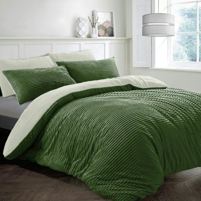 Rackhams Plush Corduroy Teddy Fluffy and Warm Fleece Duvet Cover Set - Olive - Single - image 1