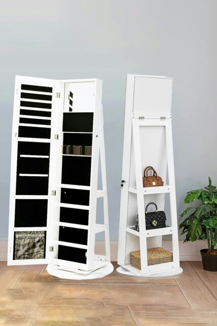 Rackhams 360°  Rotating Jewelry Cabinet With Mirror 156CM High,Large Capacity Floor Standing Jewelry Organizer - White - image 1