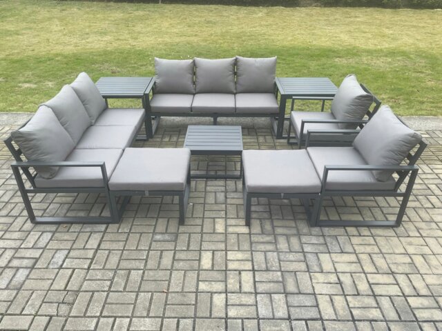 Rackhams Aluminium Patio Outdoor Garden Furniture Lounge Sofa Set with Square Coffee Table 2 Chairs 2 Side Tables 2 Big Footstool Dark Grey - image 1