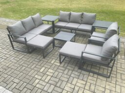 Rackhams Aluminium Patio Outdoor Garden Furniture Lounge Sofa Set with Square Coffee Table 2 Chairs 2 Side Tables 2 Big Footstool Dark Grey - thumbnail 2
