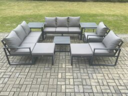Rackhams Aluminium Patio Outdoor Garden Furniture Lounge Sofa Set with Square Coffee Table 2 Chairs 2 Side Tables 2 Big Footstool Dark Grey - thumbnail 1