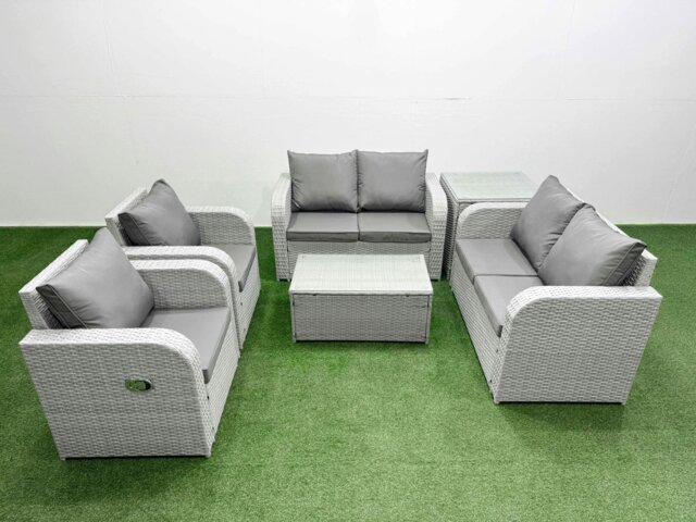 Rackhams 6 Seater Outdoor Reclining Chair Love Sofa Set Rattan Garden Furniture Set with Rectangular Coffee Table Side Table Light Grey - image 1