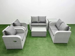 Rackhams 6 Seater Outdoor Reclining Chair Love Sofa Set Rattan Garden Furniture Set with Rectangular Coffee Table Side Table Light Grey - thumbnail 1