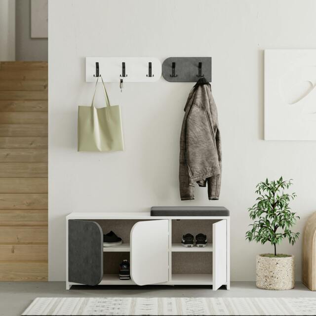 Rackhams Modern Moni Shoe Cabinet 3-Door Storage Cabinet with 5-Hook Organiser Set Fabric Seat - Retro Grey - image 1