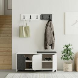 Rackhams Modern Moni Shoe Cabinet 3-Door Storage Cabinet with 5-Hook Organiser Set Fabric Seat - Retro Grey - thumbnail 1