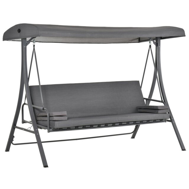 Rackhams 2-in-1 Patio 3 Seater Swing Chair Hammock w/ Cushion Adjustable Canopy - Grey - 1 - Swing Chair - image 1