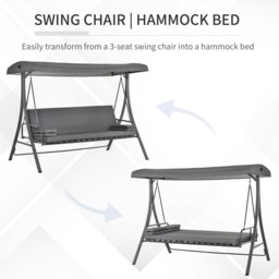 Rackhams 2-in-1 Patio 3 Seater Swing Chair Hammock w/ Cushion Adjustable Canopy - Grey - 1 - Swing Chair - thumbnail 3