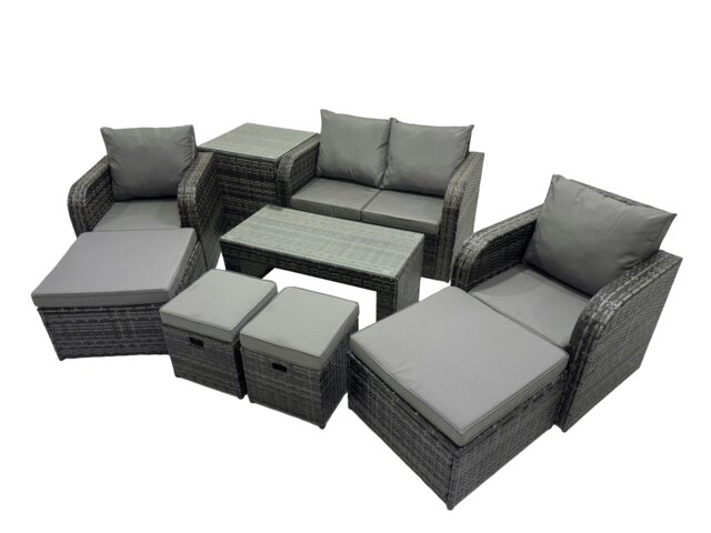 Rackhams 3 Seater Sofa Reclining Chair Coffee Table Set Rattan Garden Outdoor Furniture Set with 2 Side Tables 4 Stool Dark Grey Mixed - image 1