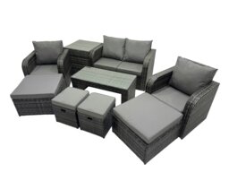 Rackhams 3 Seater Sofa Reclining Chair Coffee Table Set Rattan Garden Outdoor Furniture Set with 2 Side Tables 4 Stool Dark Grey Mixed - thumbnail 1