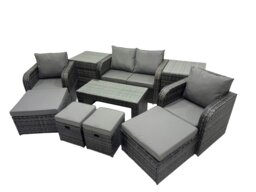 Rackhams 3 Seater Sofa Reclining Chair Coffee Table Set Rattan Garden Outdoor Furniture Set with 2 Side Tables 4 Stool Dark Grey Mixed - thumbnail 2