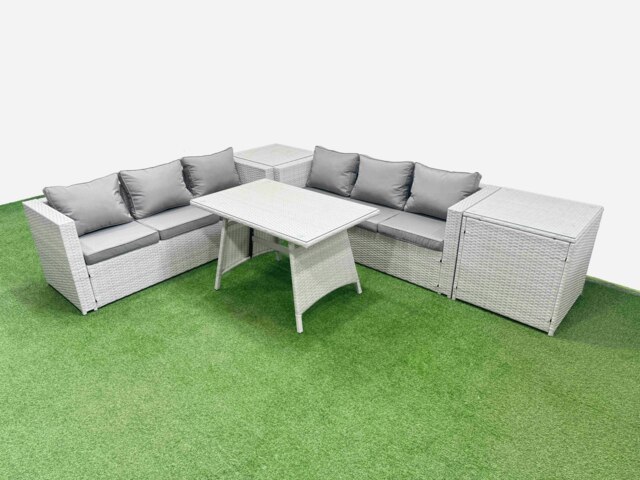 Rackhams Rattan Garden Furniture Dining Set 6 seater Patio Rectangular Table 3 Seater Sofa Set with 2 Side Tables Light Grey - image 1