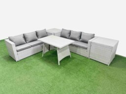 Rackhams Rattan Garden Furniture Dining Set 6 seater Patio Rectangular Table 3 Seater Sofa Set with 2 Side Tables Light Grey - thumbnail 1