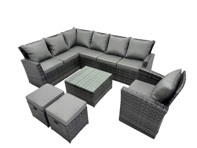 Rackhams 9 Seater High Back Rattan Garden Furniture Set Corner Sofa With Square Coffee Table Footstool With Chair - image 1