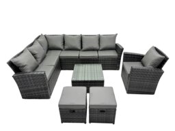 Rackhams 9 Seater High Back Rattan Garden Furniture Set Corner Sofa With Square Coffee Table Footstool With Chair - thumbnail 2