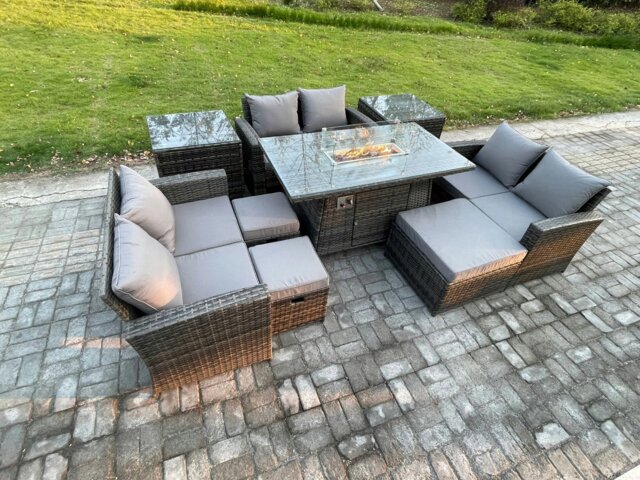 Rackhams High Back Rattan Garden Furniture Sofa Sets with Outdoor Furniture Gas Fire Pit Dining Table Set 3 Footstools 2 Side Tables Dark Grey Mixed - image 1