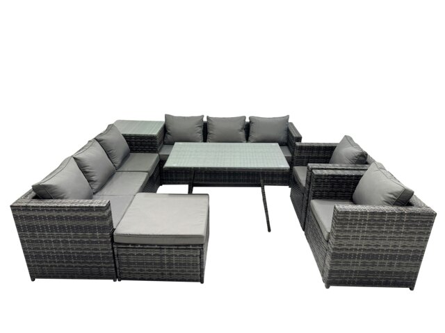 Rackhams Outdoor Corner Sofa Chair Dining Table Set Garden Rattan Furniture Set 9 Seater with Big Stool Side Table Dark Grey - image 1