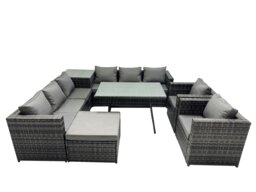 Rackhams Outdoor Corner Sofa Chair Dining Table Set Garden Rattan Furniture Set 9 Seater with Big Stool Side Table Dark Grey - thumbnail 1