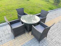 Rackhams 5-Piece PE Rattan Garden Furniture 4 Seater Garden Big Round Table and Chairs for Patio Dark Grey Mixed - thumbnail 1