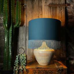 "Rackhams Petrol Blue Lampshade with Copper Foil Lining & Blue Fringing - Ceiling Pendant / Arc Lamp - 70cm Diameter x 30cm Height / (27"" x 12"")" - thumbnail 4