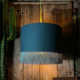 "Rackhams Petrol Blue Lampshade with Copper Foil Lining & Blue Fringing - Ceiling Pendant / Arc Lamp - 70cm Diameter x 30cm Height / (27"" x 12"")" - thumbnail 2