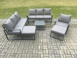 Rackhams Aluminium Outdoor Lounge Sofa Set Garden Furniture Sets with Square Coffee Table Chair 2 Big Footstools Dark Grey - thumbnail 2
