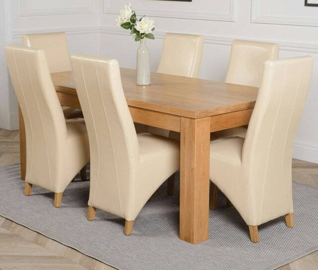 Rackhams Dakota Large Oak Dining Table with Lola Leather Chairs - 6 chairs - Ivory - image 1