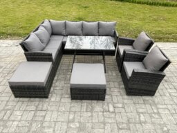 Rackhams Outdoor Rattan Garden Furniture Corner Sofa Set with Oblong Dining Table 2 Big Footstool 2 Armchairs Patio Wicker Rattan Set Dark Grey Mixed - thumbnail 2